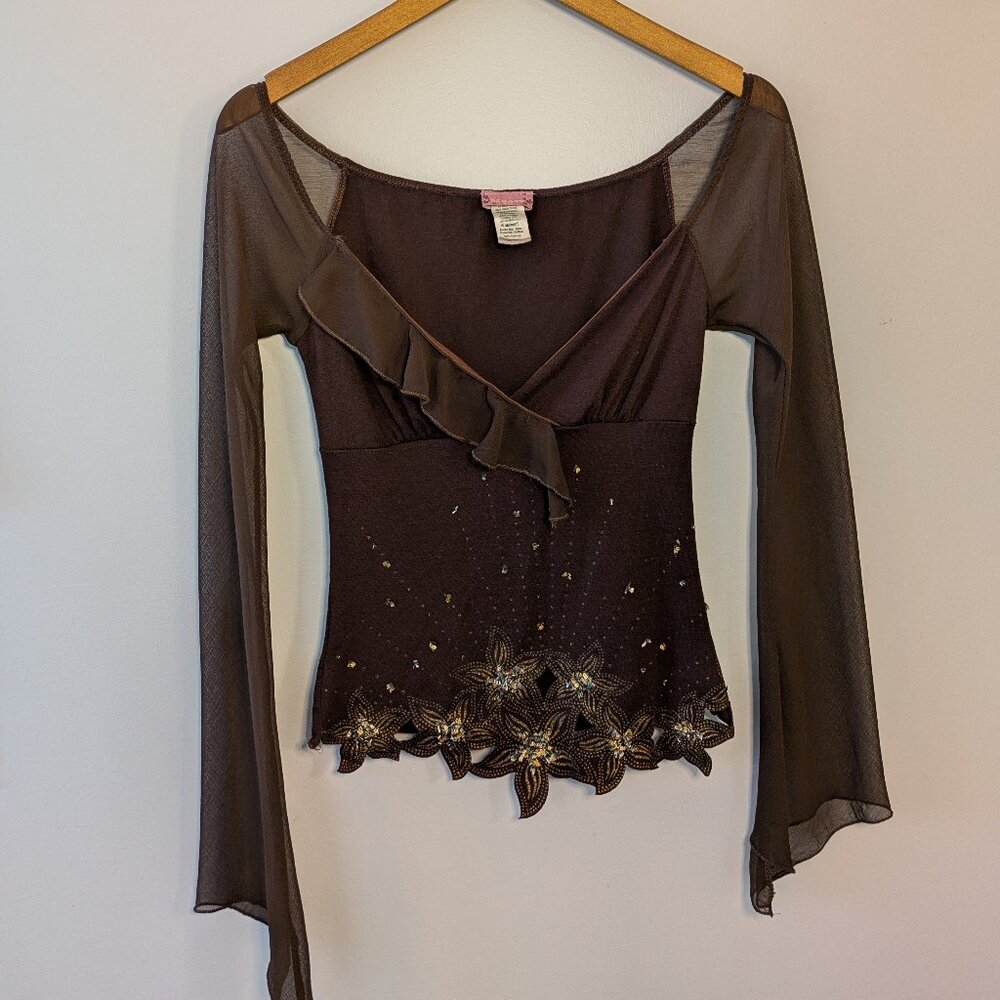 Vintage y2k flare sleeve faux wrap brown top - gold sequin/bead details!